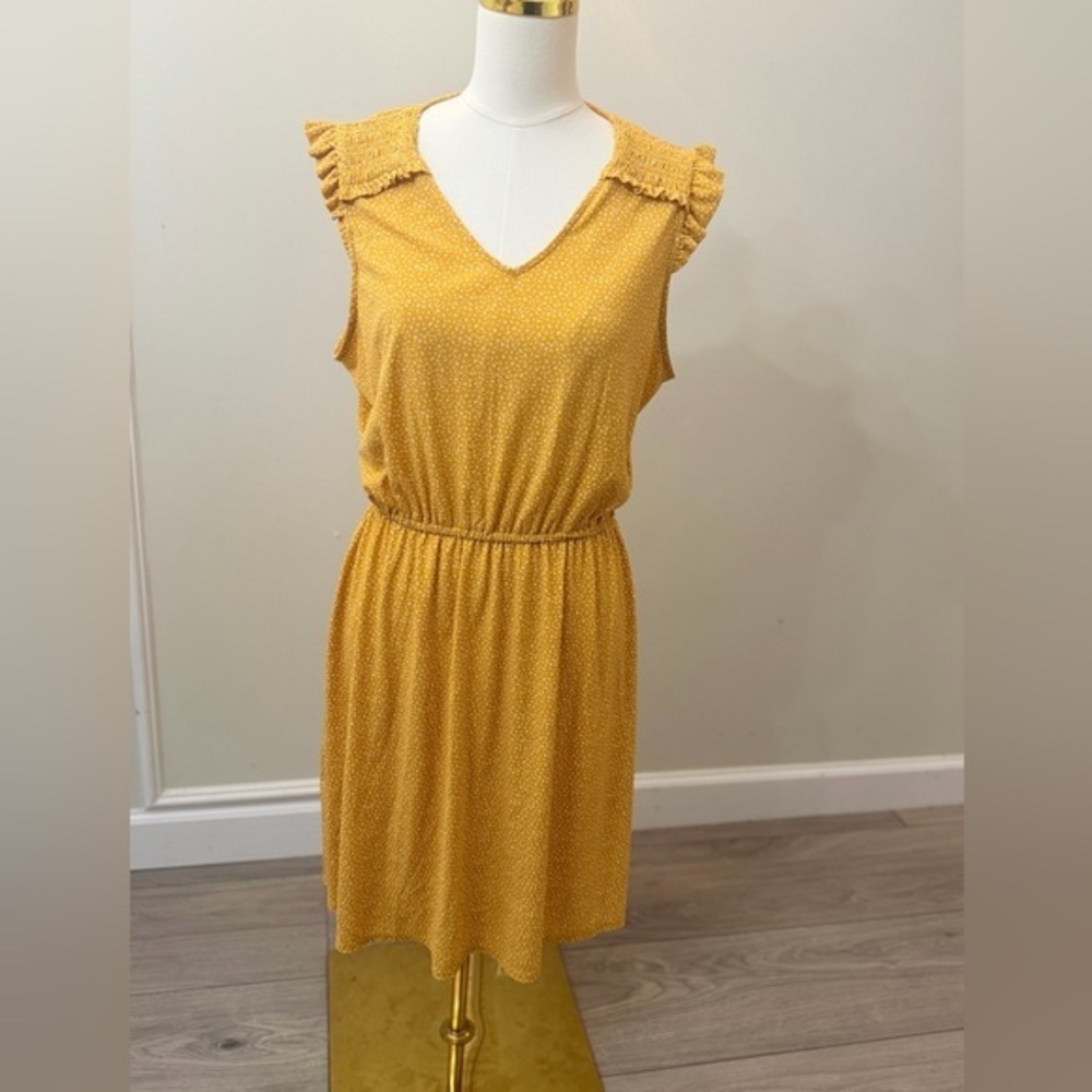 Adrianna Papell Mustard Ruffle Shoulder V‑Neck Midi Dress